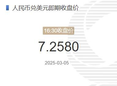 3月5日人民币兑美元即期收盘价报7.2580 较上一交易日上调208个基点(2025年03月05日)